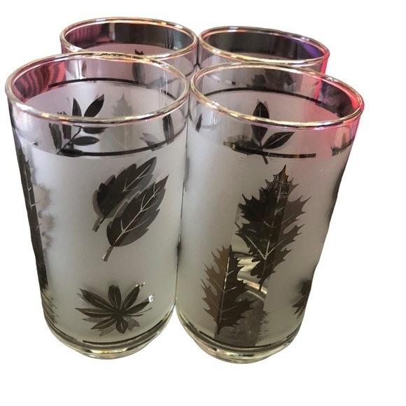 Vintage 1950's Starlyte Silver Leaf Set 4 Frosted High Ball Glasses Mid Century - Picture 1 of 5